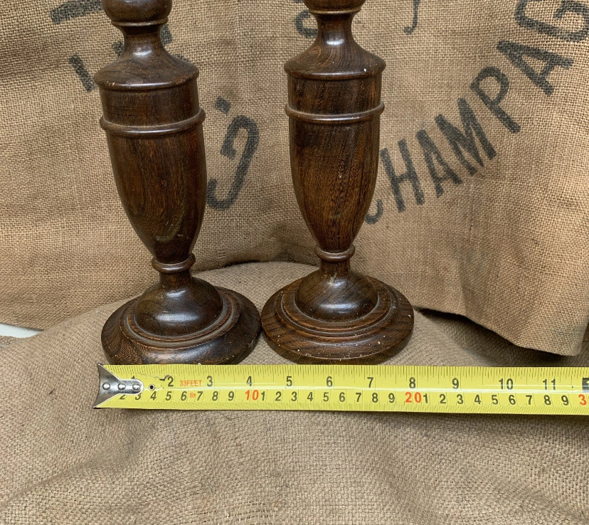 Vintage Wooden Candle Sticks White Metal Tops - Cottage Style- Oak
