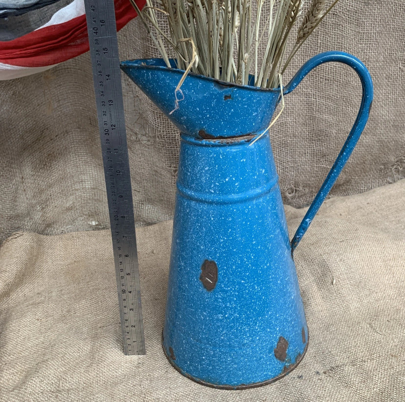 Enamel Jug / Vintage - Marbled Blue French Vase - Large - Farmhouse- Rustic