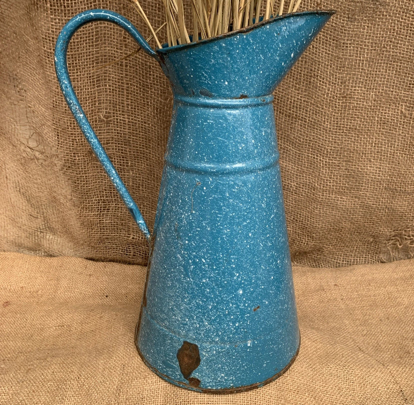 Enamel Jug / Vintage - Marbled Blue French Vase - Large - Farmhouse- Rustic