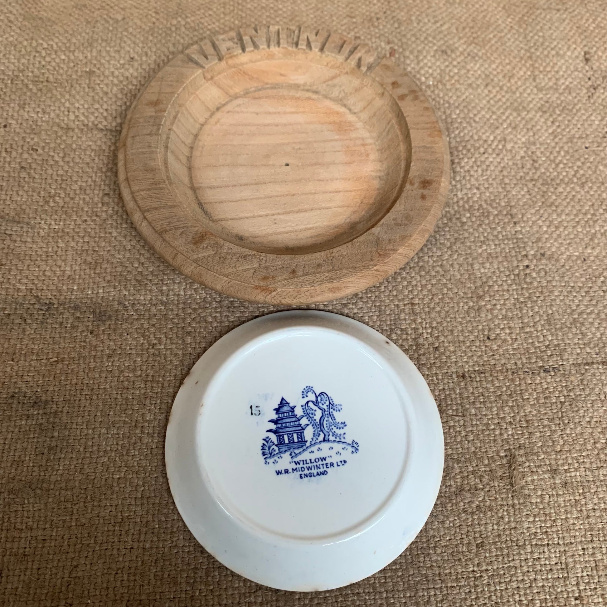 Vintage Carved Wooden Butter Dish - Ventnor - Willow Pattern - Isle Of White