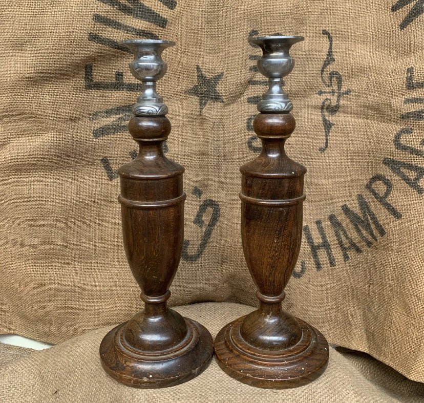 Vintage Wooden Candle Sticks White Metal Tops - Cottage Style- Oak