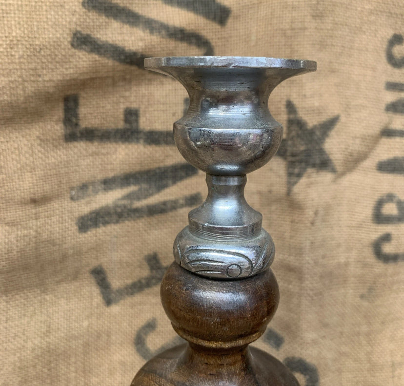 Vintage Wooden Candle Sticks White Metal Tops - Cottage Style- Oak