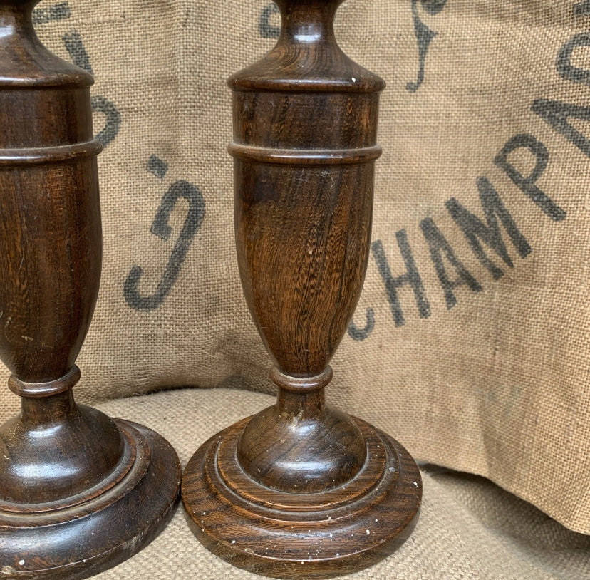 Vintage Wooden Candle Sticks White Metal Tops - Cottage Style- Oak