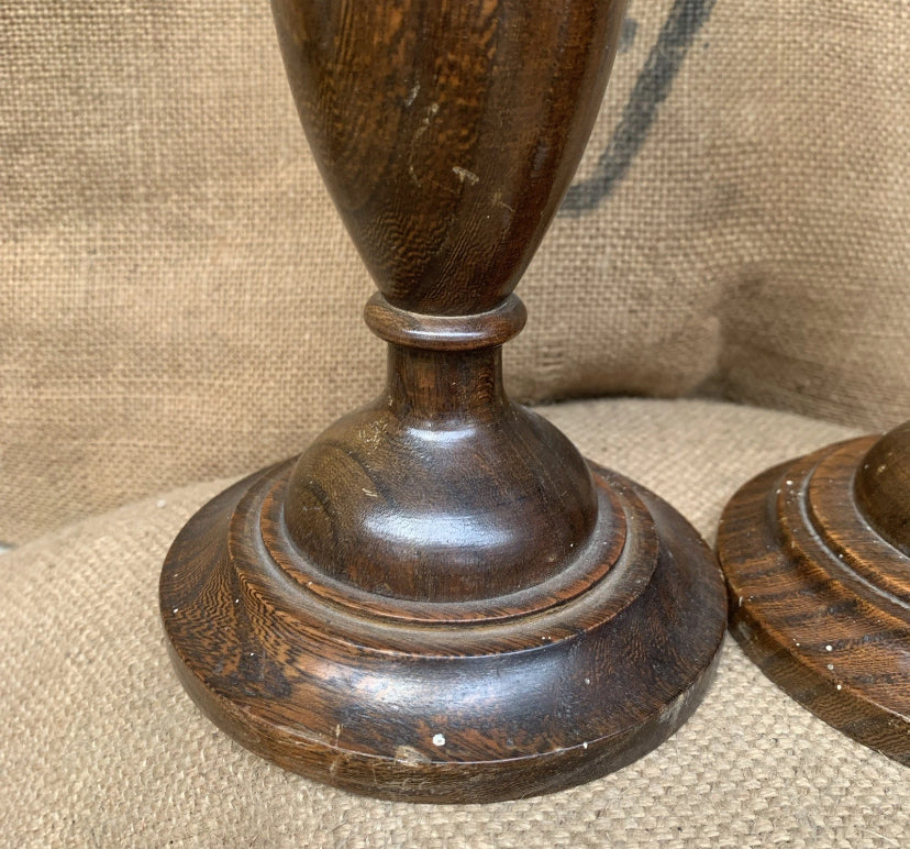 Vintage Wooden Candle Sticks White Metal Tops - Cottage Style- Oak