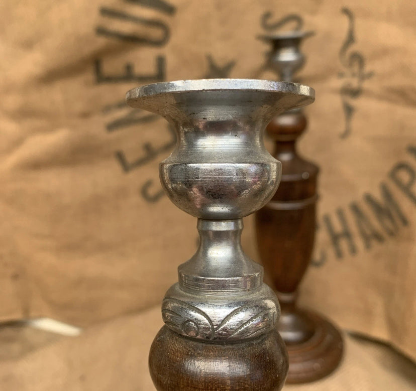 Vintage Wooden Candle Sticks White Metal Tops - Cottage Style- Oak