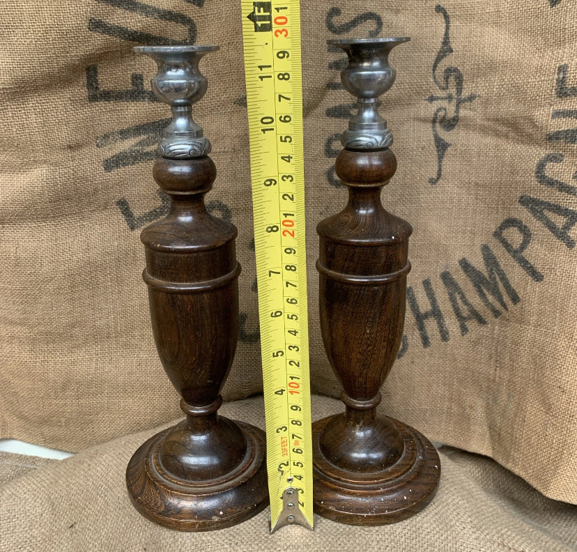 Vintage Wooden Candle Sticks White Metal Tops - Cottage Style- Oak