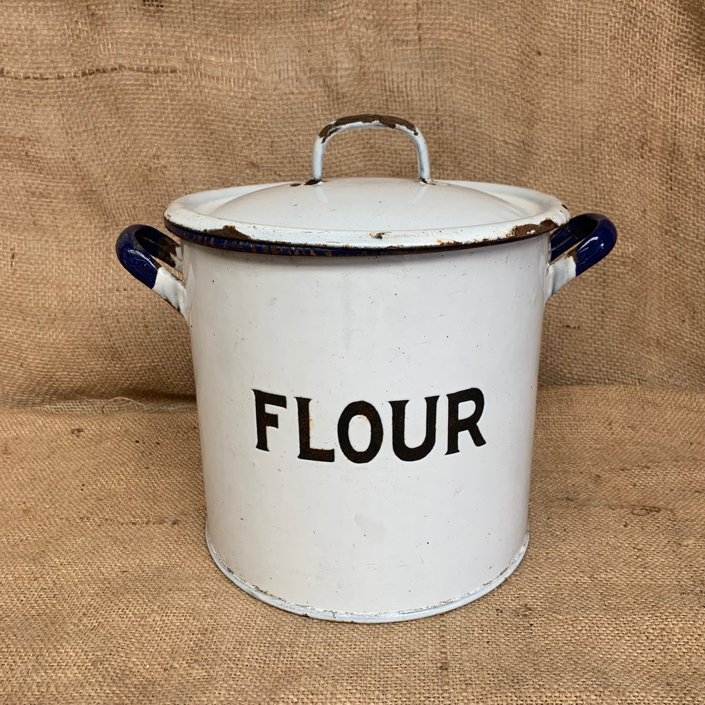Vintage Enamel Flour Bin / Blue & White