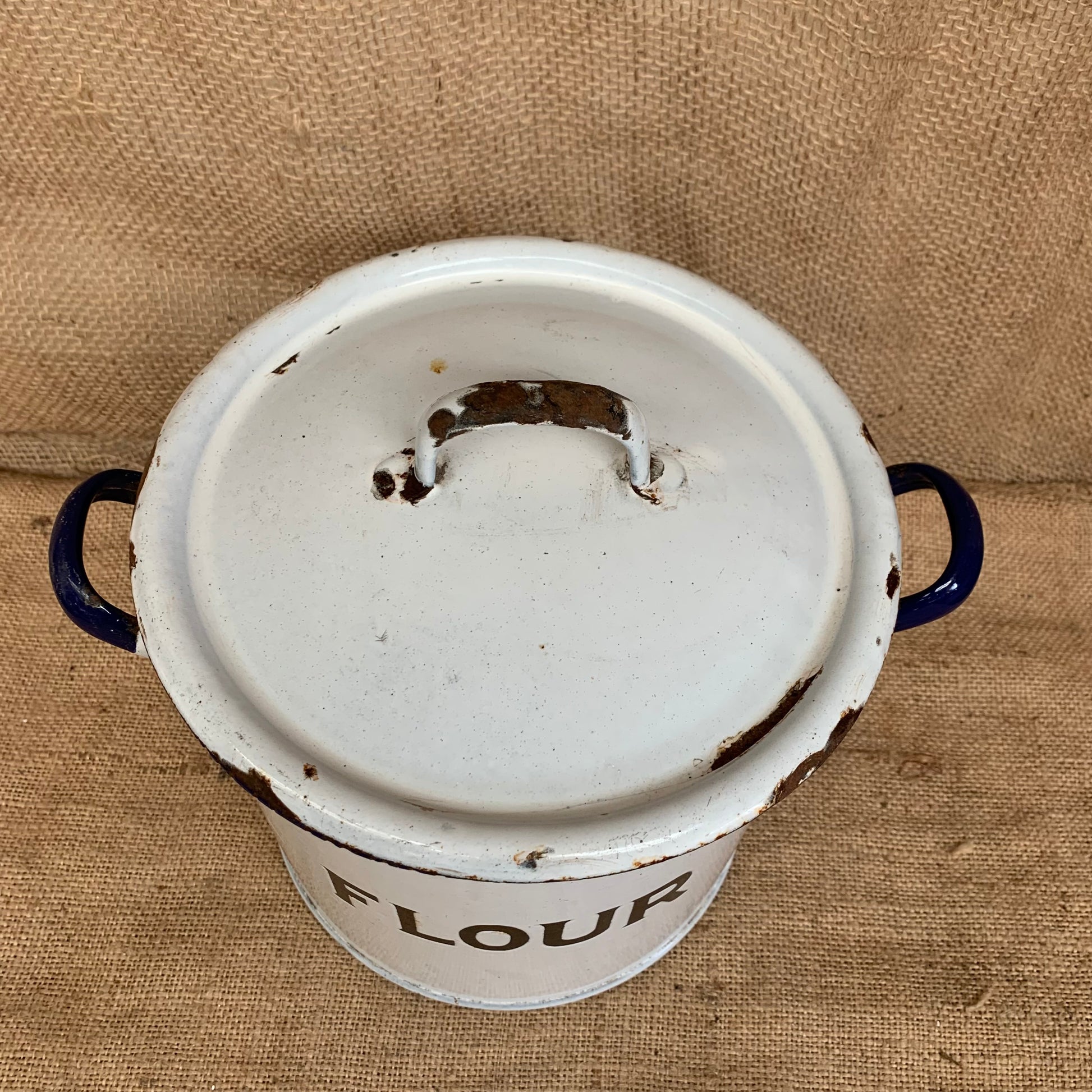 Vintage Enamel Flour Bin / Blue & White