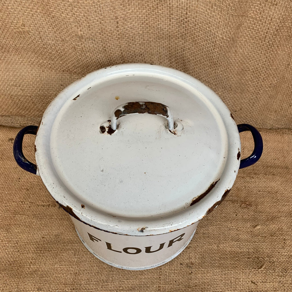 Vintage Enamel Flour Bin / Blue & White