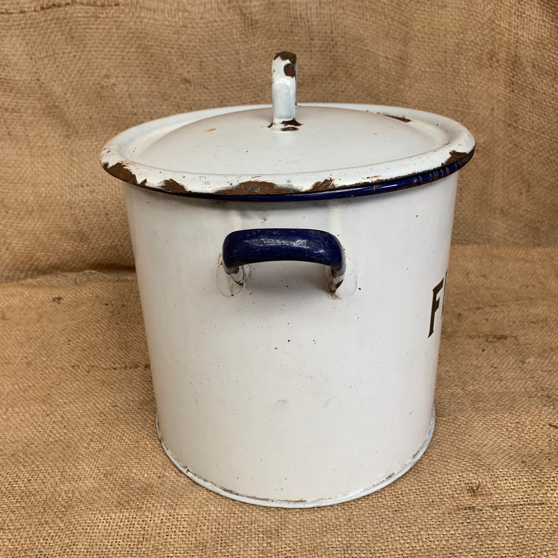 Vintage Enamel Flour Bin / Blue & White