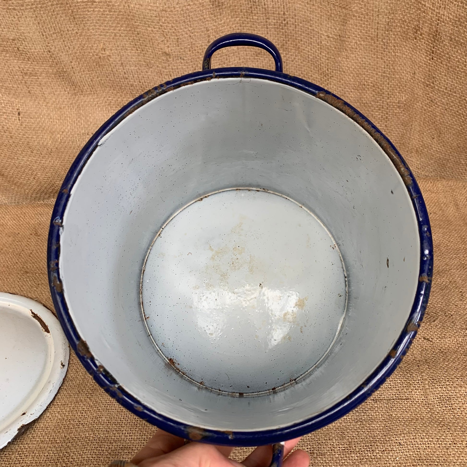 Vintage Enamel Flour Bin / Blue & White